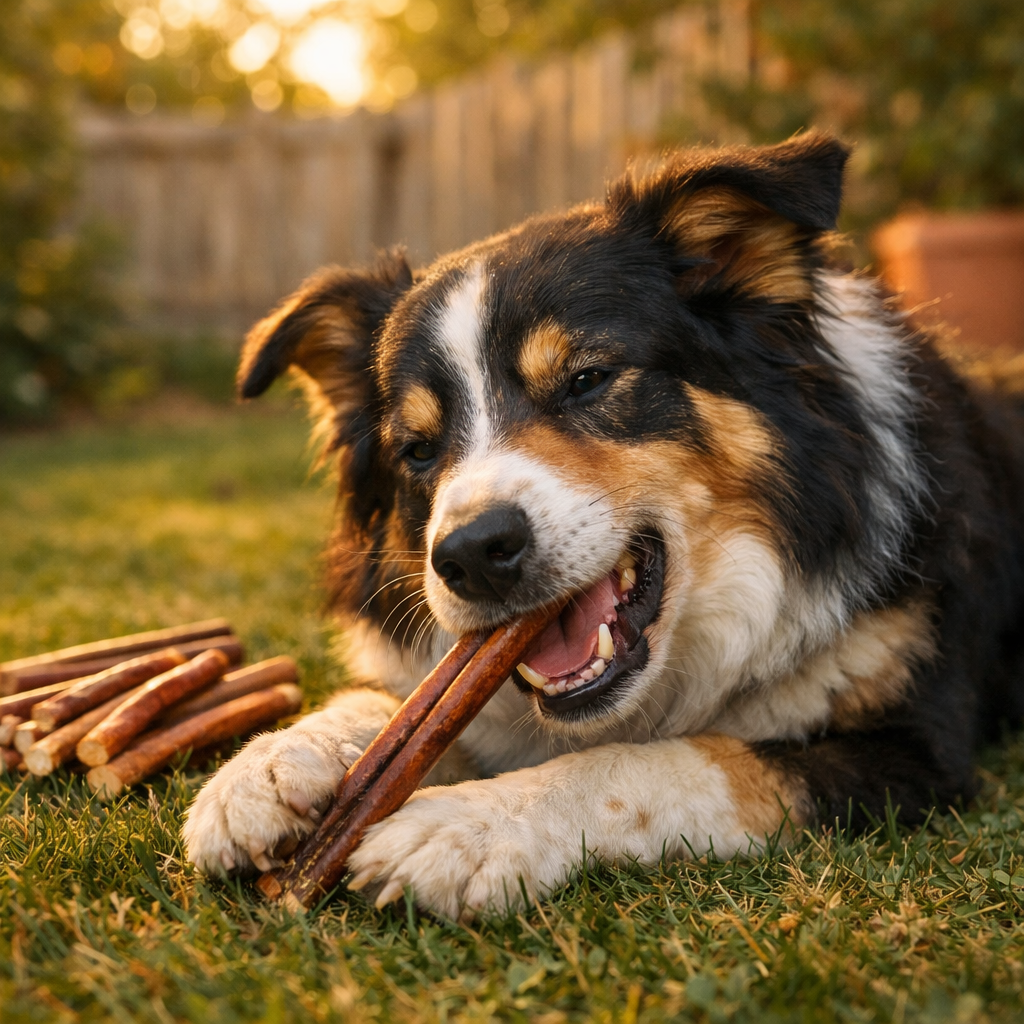 Dog enjoying a 12" bully stick